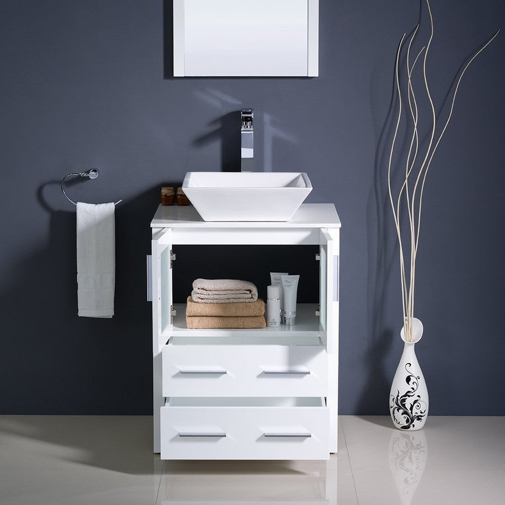 Torino 24" White Modern Bathroom Vanity With Vessel Sink, FFT9152BN