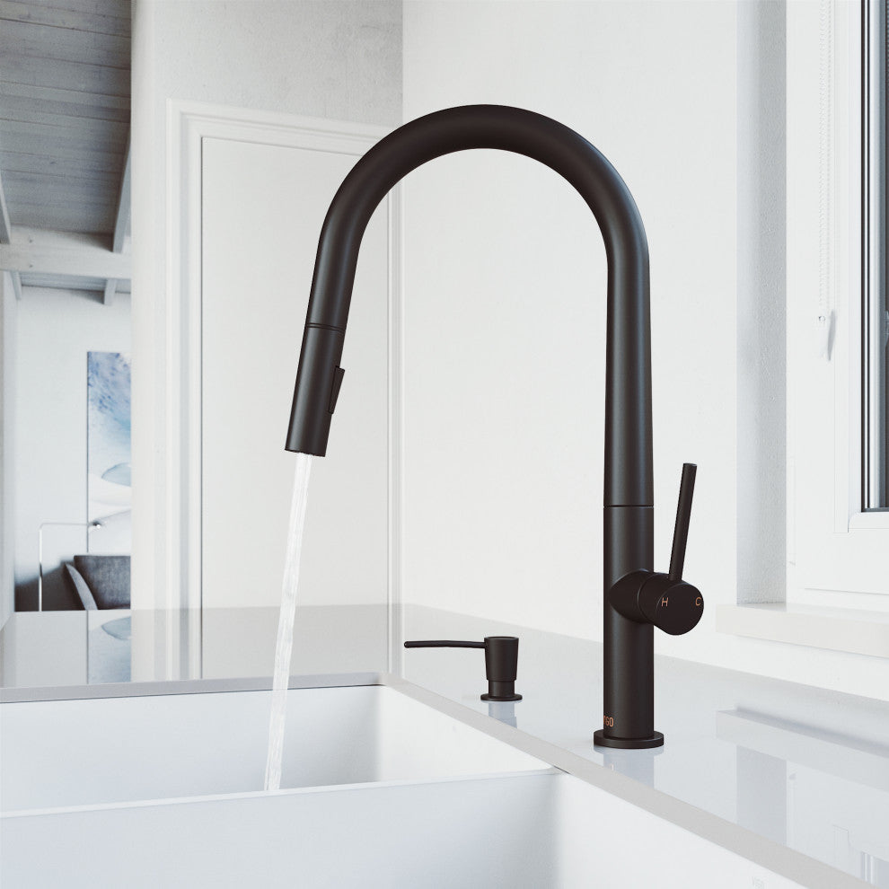 VIGO Greenwich 18" H Single Handle Pull-Down Sprayer Kitchen Faucet, Matte Black, No Sensor, With Soap Dispenser