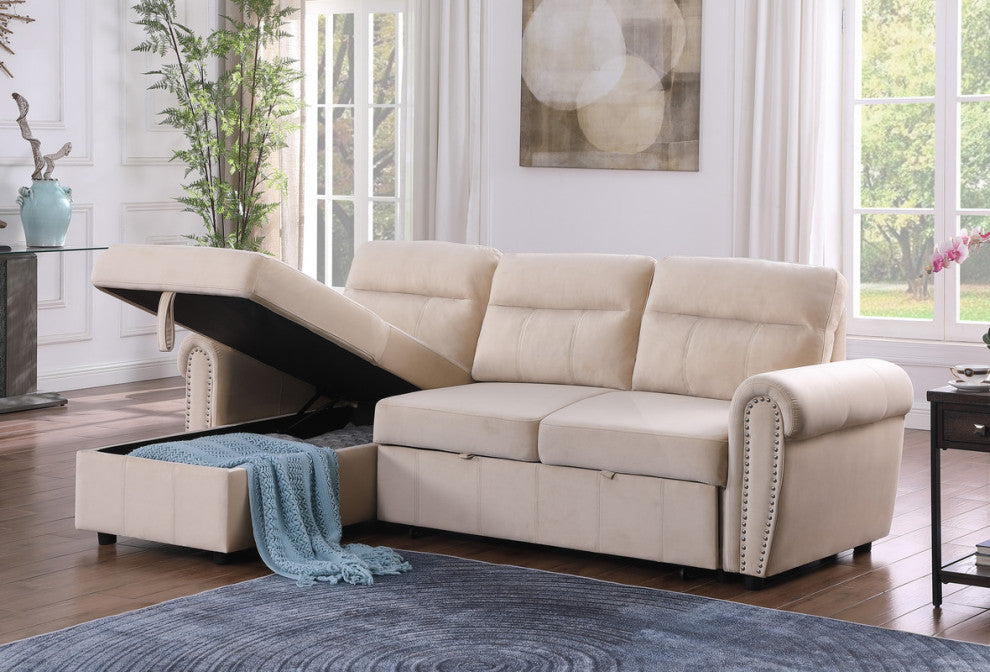 Ashton Velvet Fabric Reversible Sleeper Sectional Sofa Chaise, Beige