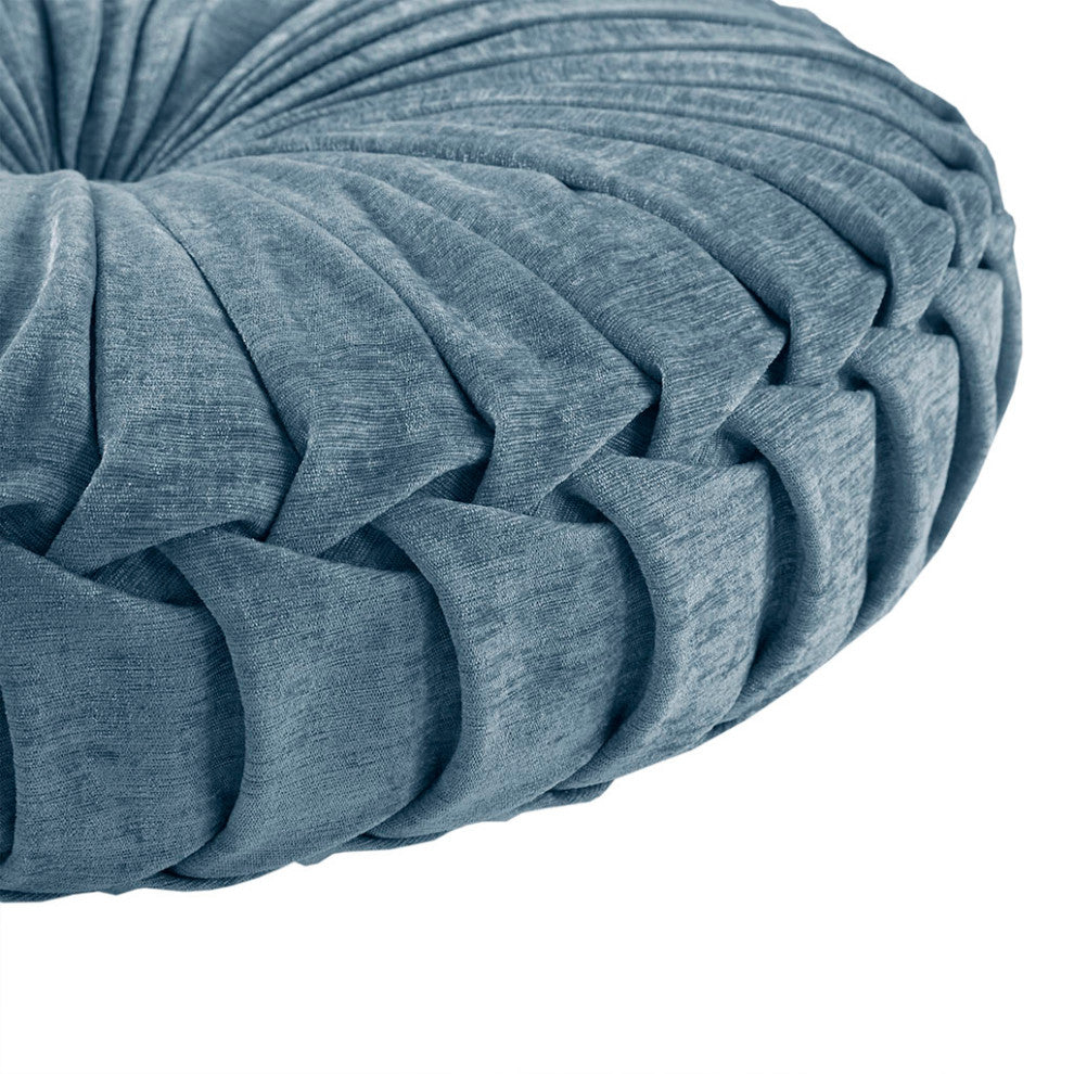 Pleated Poly Chenille Round Floor Pillow Seat Cushion, Aqua Blue