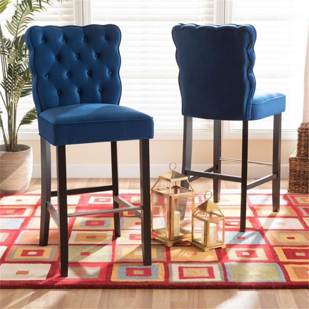 Baxton Studio Daphne Navy Blue Dark Brown Finished Wood 2-Piece Bar Stool Set