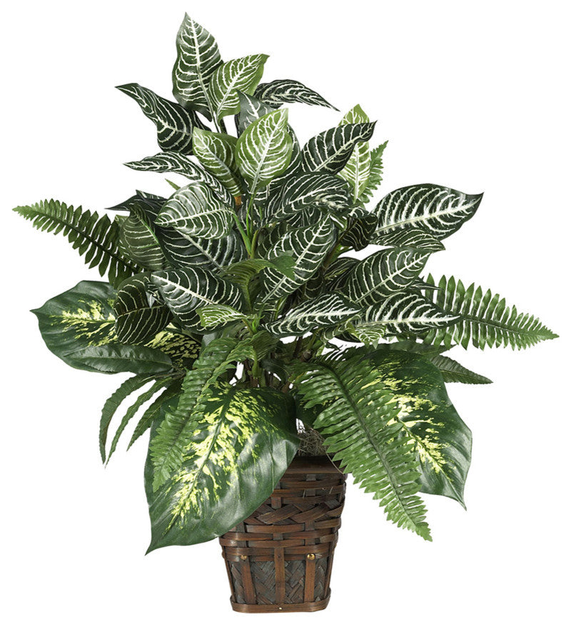 Mixed Greens Zebra With Wicker Silk Plant