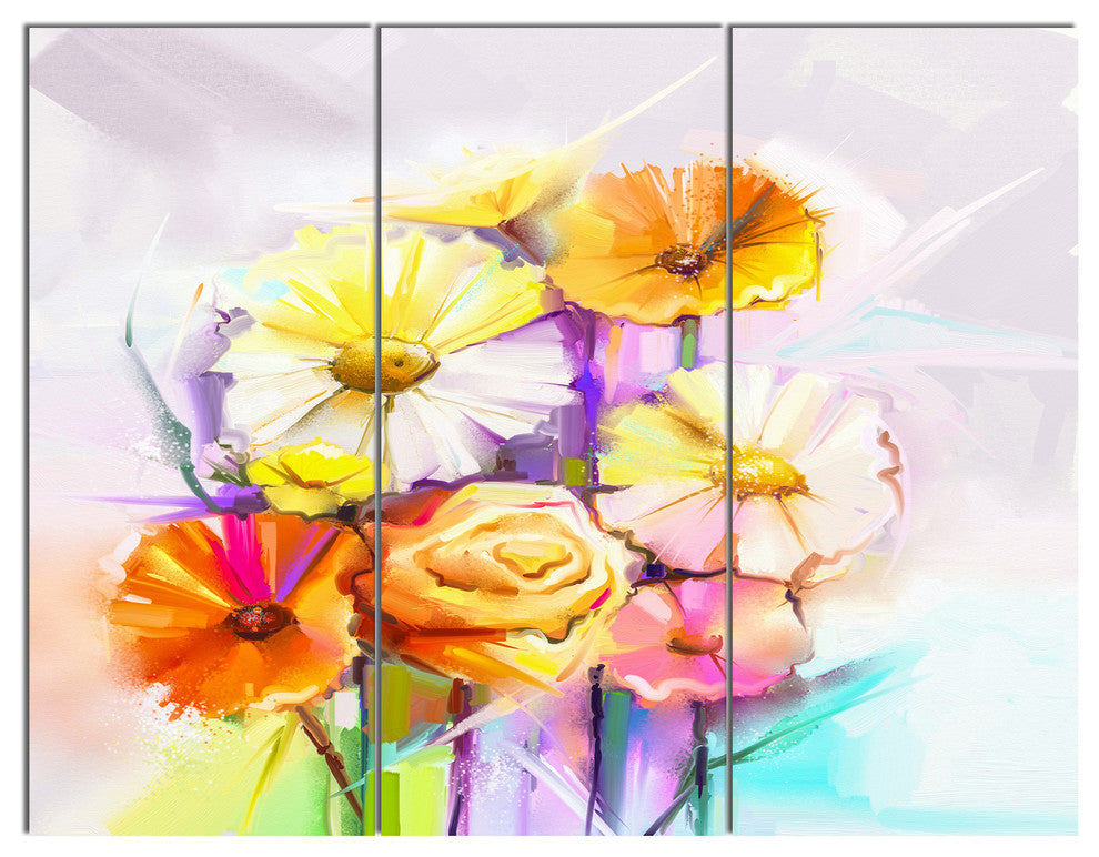 Yellow Pink Gerbera and Rose Bouquet, Floral Wall Art, 36x28, 3 Panels