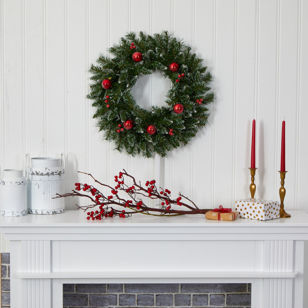 24" Frosted Faux Christmas Wreath With 50 LED Lights, Ornaments and Berries