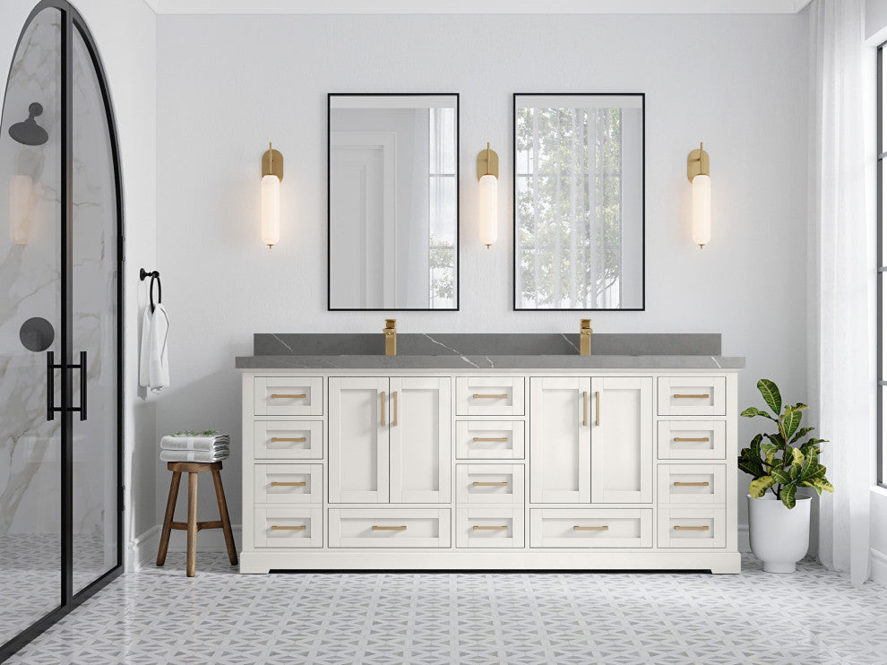Boston 84" Double Sink Bath Vanity in Alabaster 2" Piatra Gray