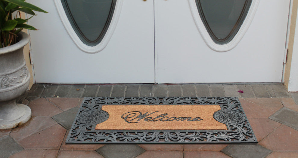 A1HC Welcome Floral Border Rubber and Coir Outdoor Doormat, 23"x38", Black