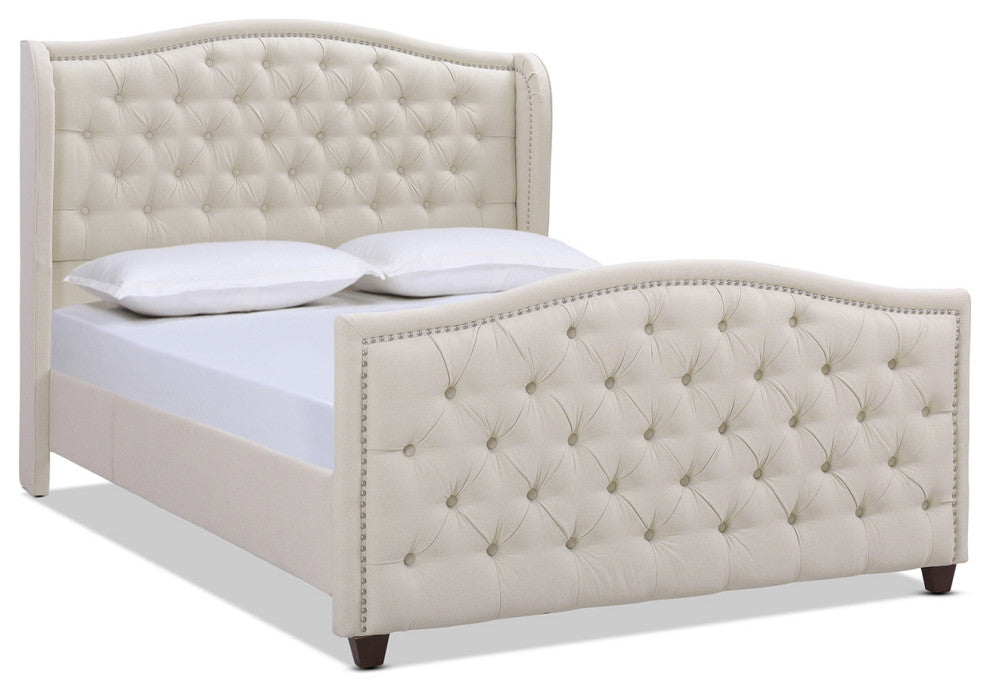 Marcella Upholstered Tufted Shelter Wingback Panel Bed, Sky Neutral Beige Polyester, Queen