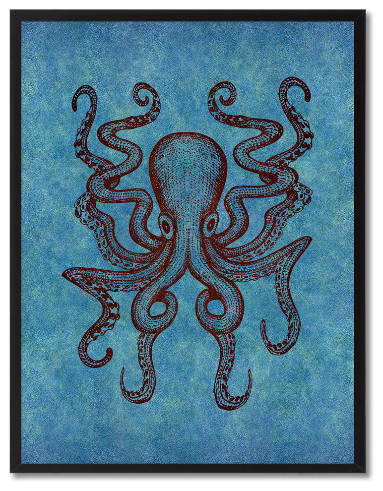 Octopus Animal Blue Print on Canvas with Picture Frame, 13"x17"
