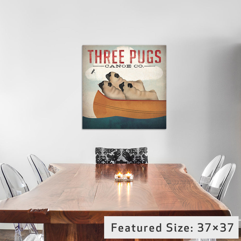 "Three Pugs in a Canoe v.3 " by Ryan Fowler, 26x26x1.5"