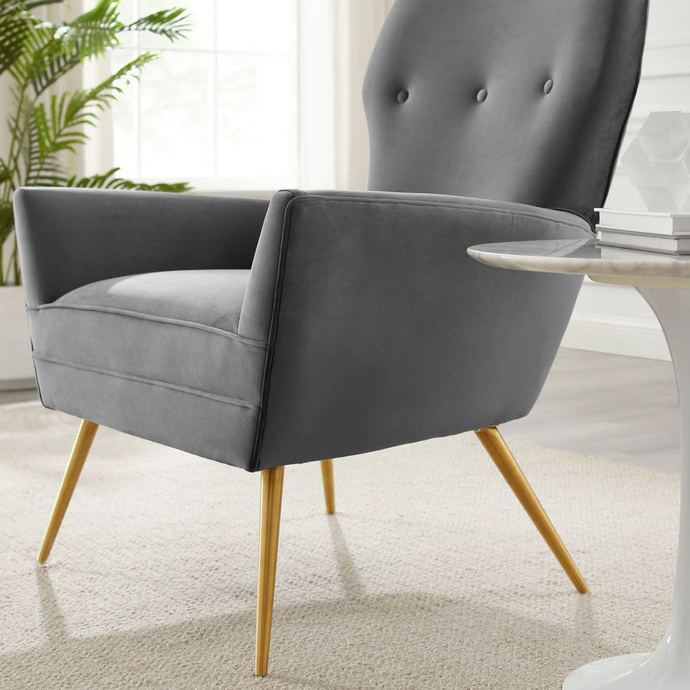 Armchair Accent Tufted Chair, Gray, Velvet, Modern, Mid Century Lounge