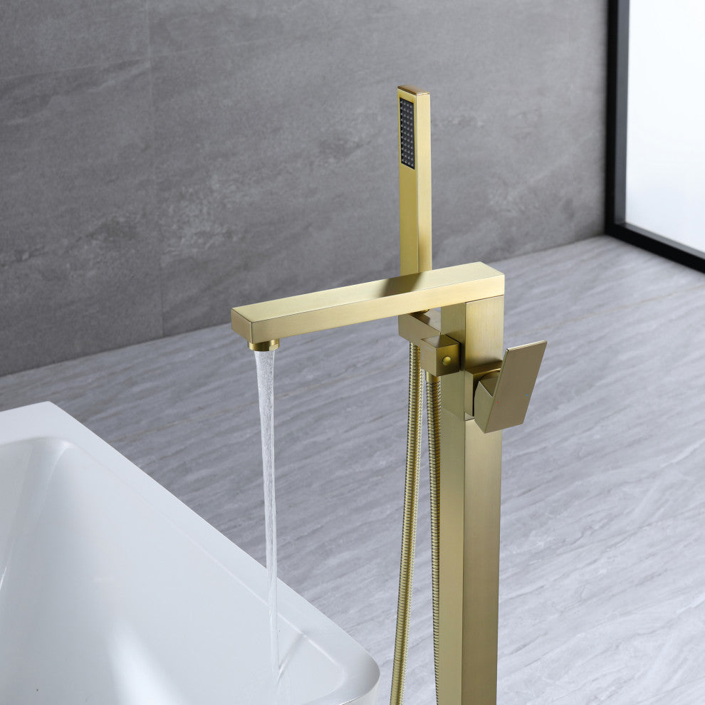 Freestanding Bathtub Faucet, Floor Mounted Tub Faucets With Hand Shower, Brushed Gold