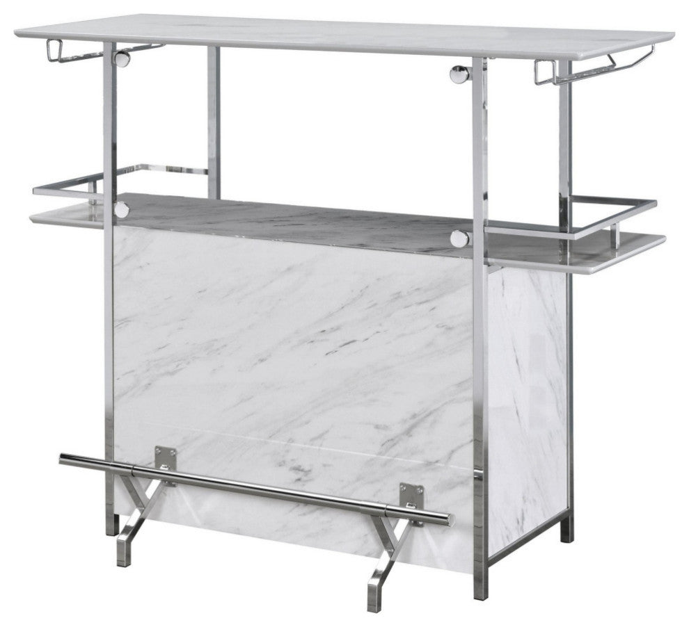 Bar Table with Faux Marble and Chrome Finish, White and Silver