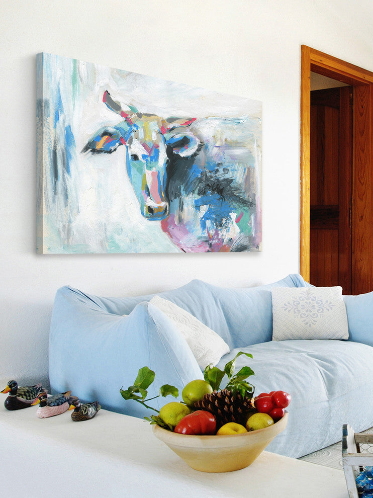 "Pastel Cow" Painting Print on Wrapped Canvas, 45"x30"