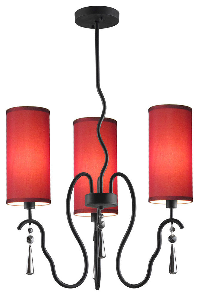 Haley 3-Light Chandelier, Seedy and Plated Amber Glass, Fabric Shade, Maroon Sha