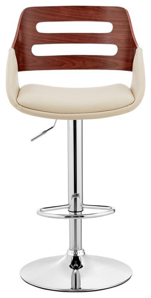 Armen Living Karter 25-33" Faux Leather & Metal Bar Stool in Cream/Walnut