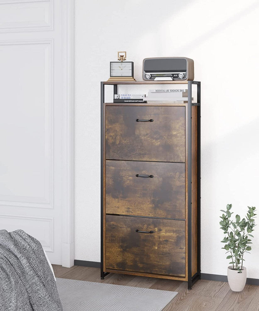 3 Drawer Industrial Shoe Cabinet with Flip Doors and Open Storage Shelf