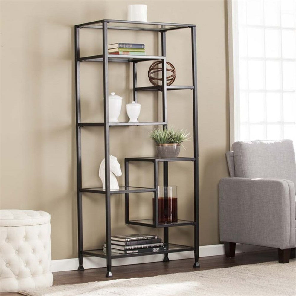 Maklaine Modern designed Metal and Glass Etagere in Black Finish