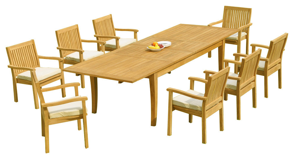 9-Piece Teak Dining Set: 122" X-Large Rectangle Table, 8 Lev Stacking Arm Chairs