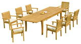 9-Piece Teak Dining Set: 122" X-Large Rectangle Table, 8 Lev Stacking Arm Chairs
