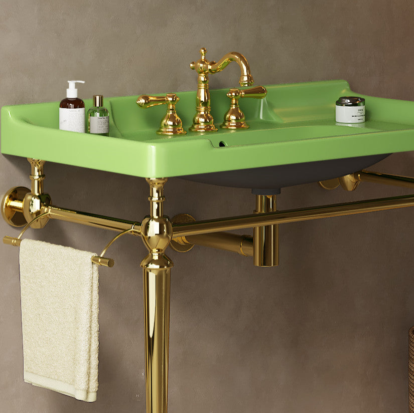 Wall-Mounted Green Ceramic Vanity Basin with Stainless Steel Support Legs, Gold