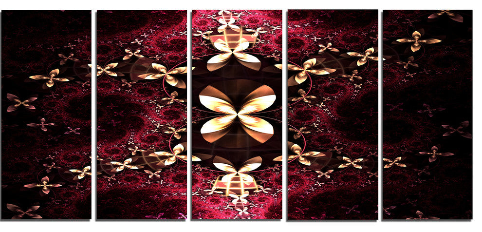 Yellow Red Fractal Flower Pattern, Abstract Canvas Art Print, 60"x28", 5 Panels