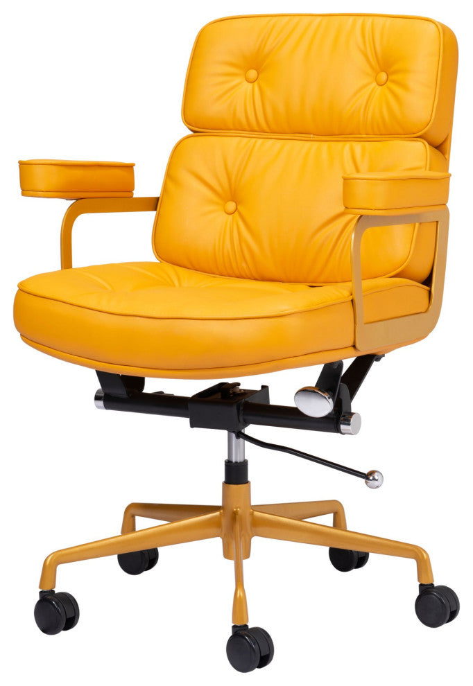 Computer Chair, Faux Vinyl Leather, Steel, Yellow, Mid Century Business Office