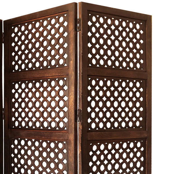 Benzara BM01876 4 Panel Mango Wood Room Divider, Circular Cutout Design, Brown