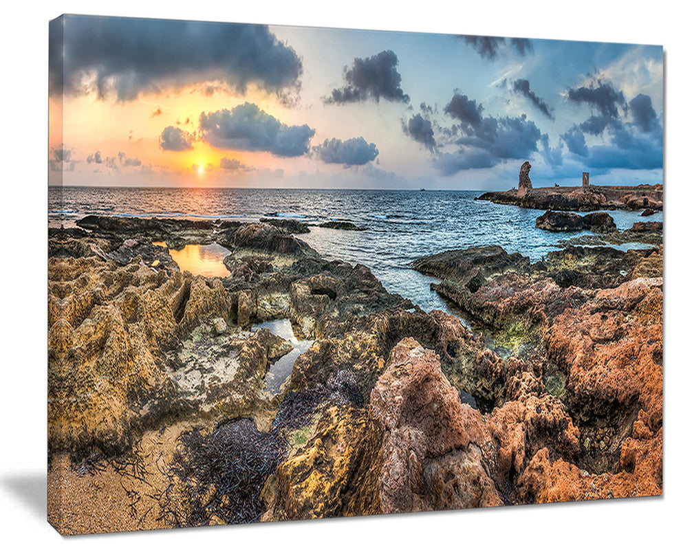 "Rocky Blue Seashore Sunset" Seashore Canvas Art, 20"x12"