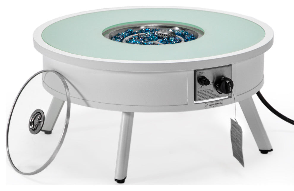 LeisureMod Walbrooke Round Fire Pit Table and Tank Holder, White