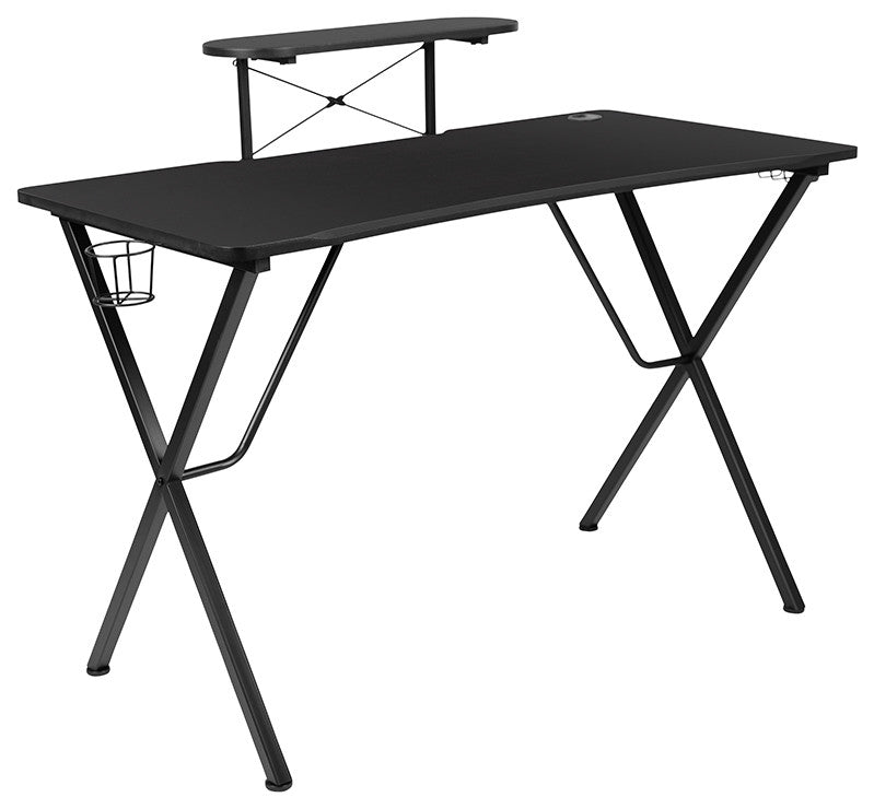 Gaming Desk and Racing Chair Set-Cup Holder, & Monitor/Smartphone Stand, Black