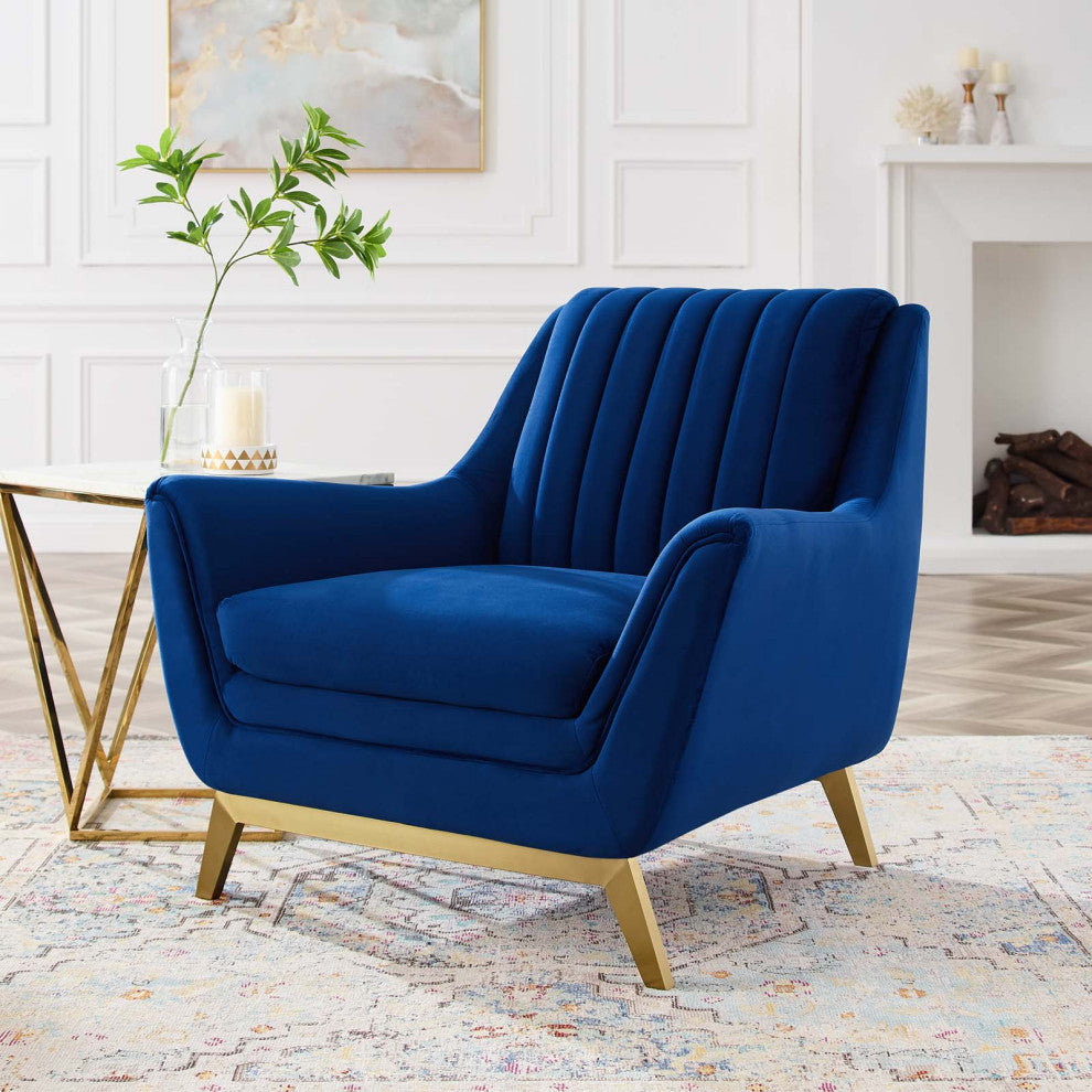 Tufted Armchair Accent Chair, Velvet, Blue Navy, Modern, Lounge Hospitality