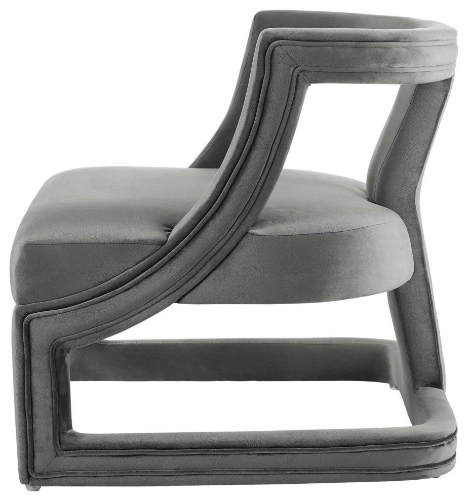 Modern Lounge Accent Side Chair Armchair, Velvet Fabric Wood, Grey Gray