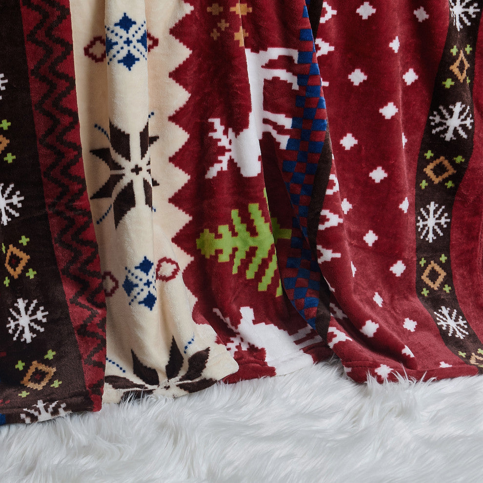 Christmas Deer Flannel Fleece Blanket, Burgundy Christmas Deer, Queen
