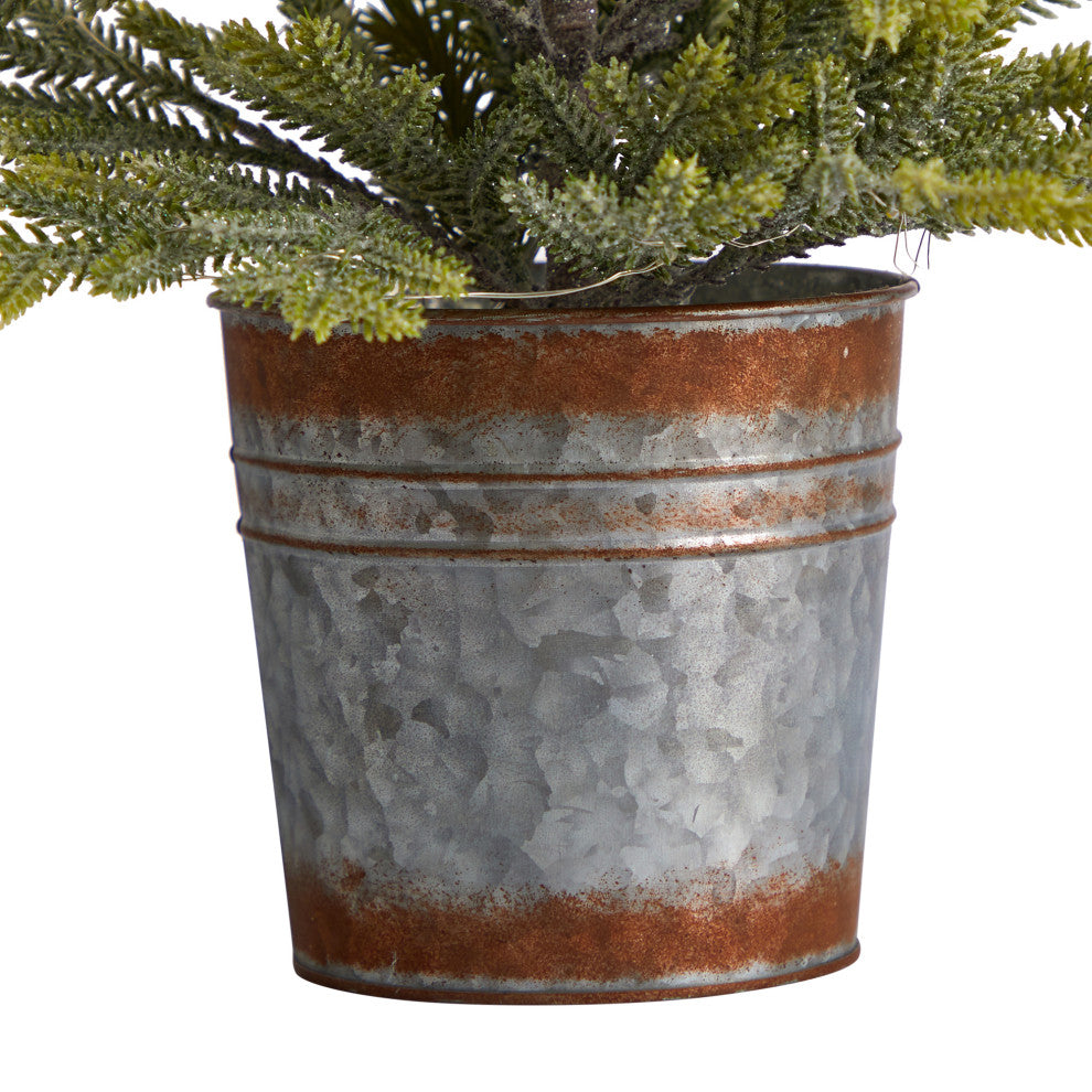 26" Pine Natural Look Faux Xmas Tree W/ 35 White Lights, Rustic Metal Planter