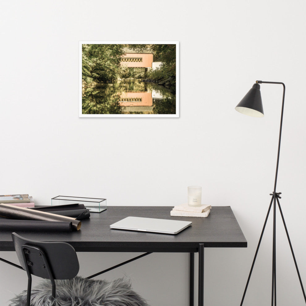 The Reflections of Wooddale Covered Bridge Aged Framed Photo Wall Art Print, White, 18" X 24"
