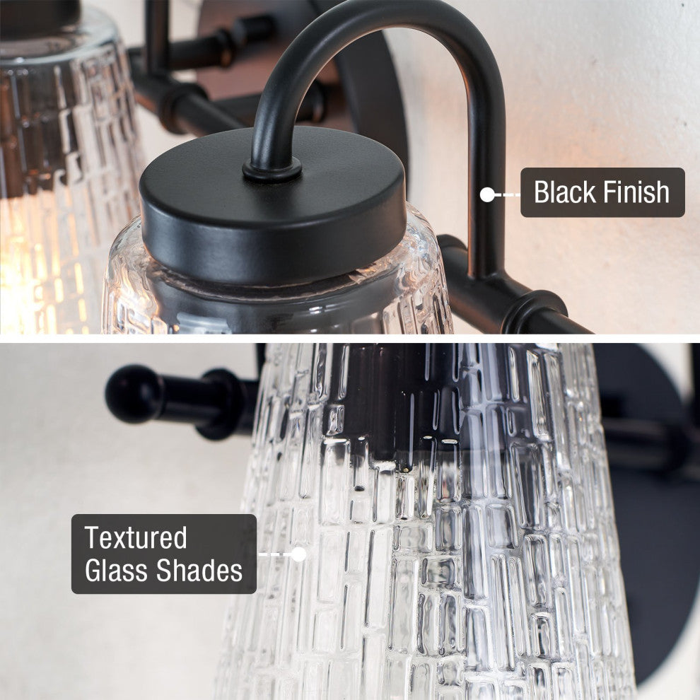 Kira Home Chatham 20" 3-Light Bathroom Light + Textured Glass Shades, Black