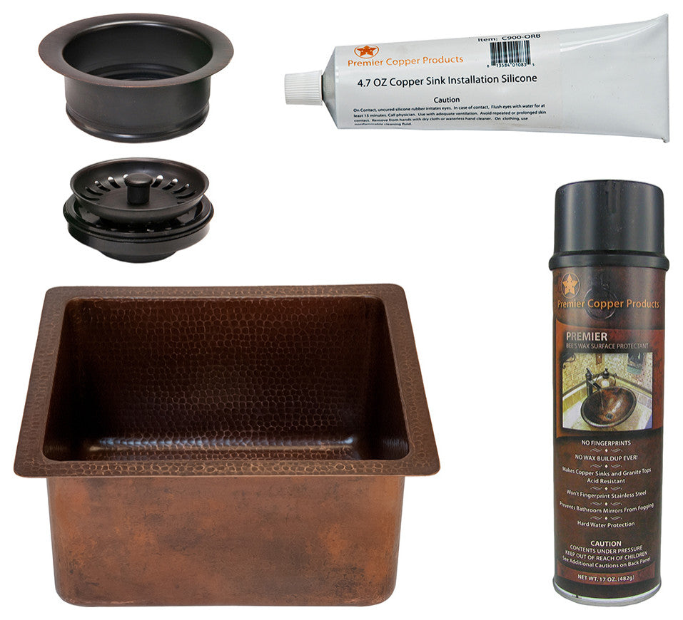 16" Gourmet Rectangular Hammered Copper Bar/Prep Sink, Drain & Accessories