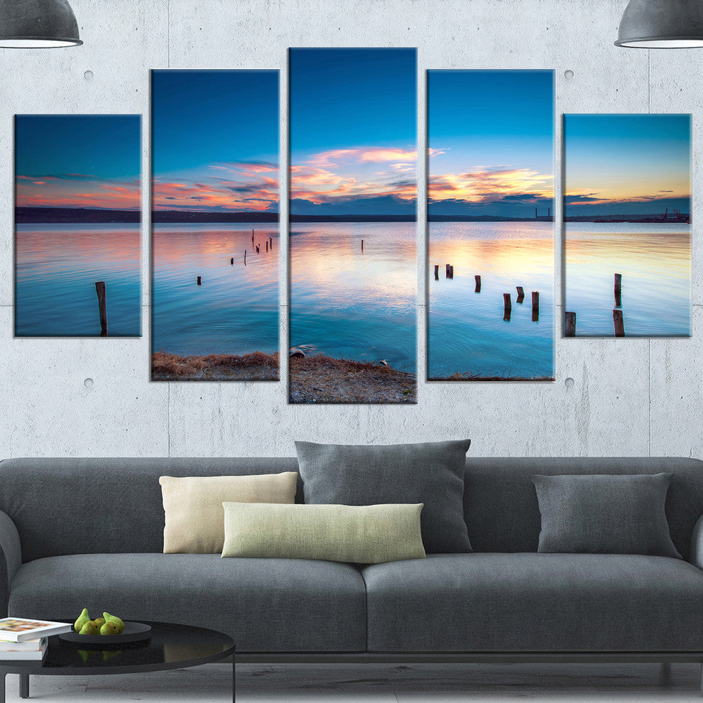 Bright Blue Sky and Blue Waters, Seashore Canvas Art Print, 60"x32", 5 Panels