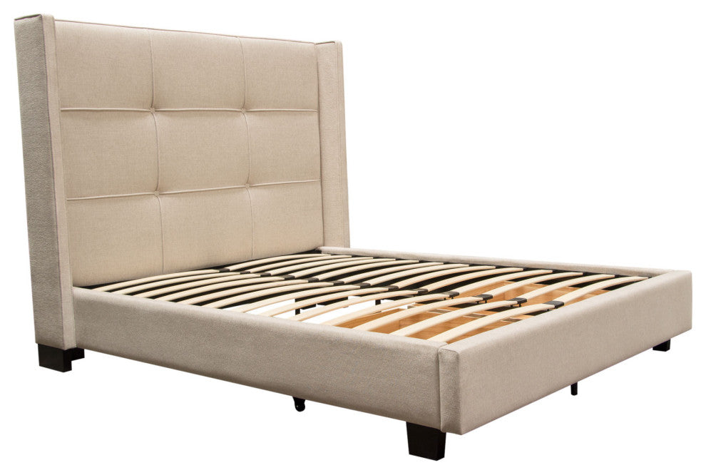 Queen Bed With Integrated Footboard Storage Unit and Accent Wings, Sand Fabric