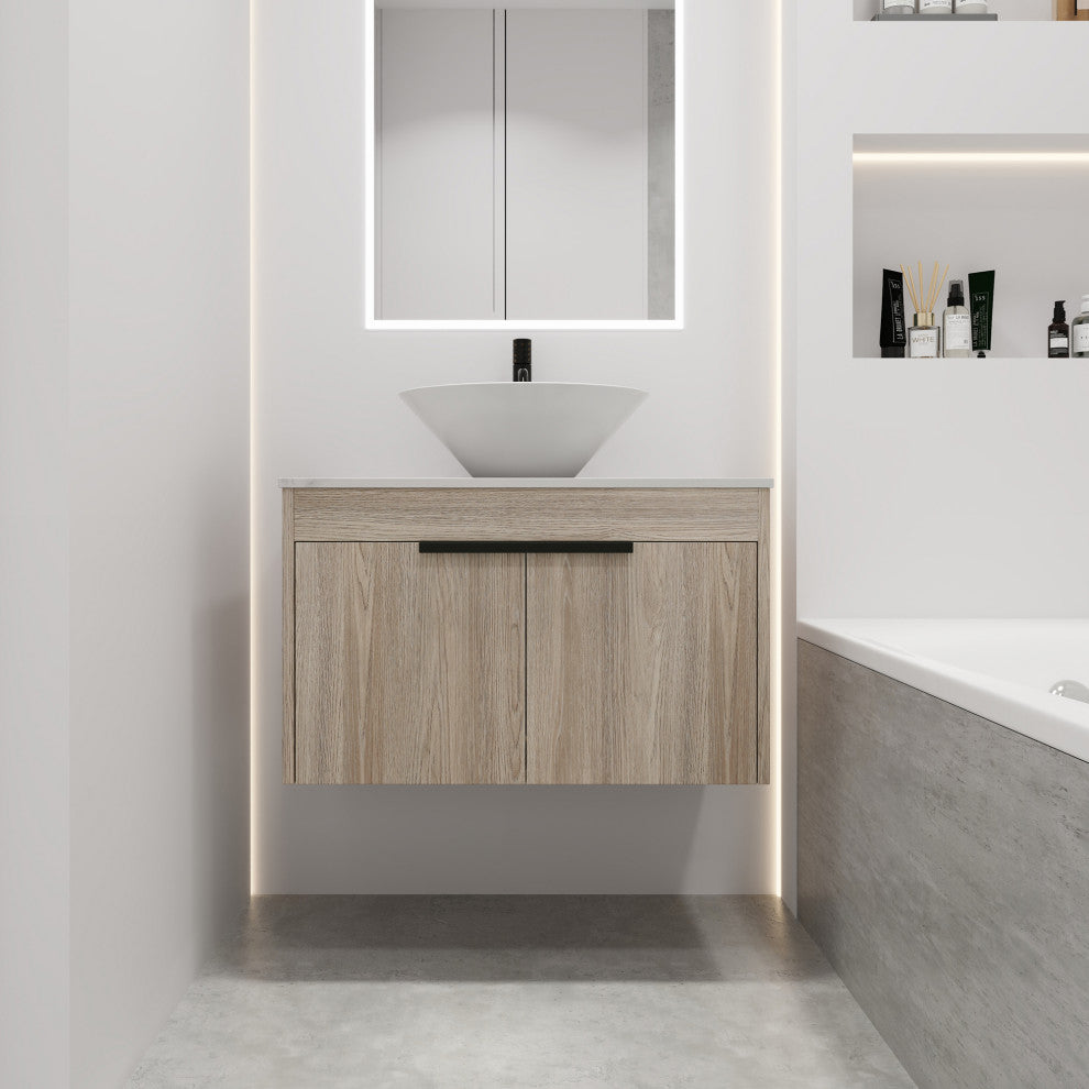 Wall-Mounted Bath Vanity, White Oak, White Ceramic Vessel Sink