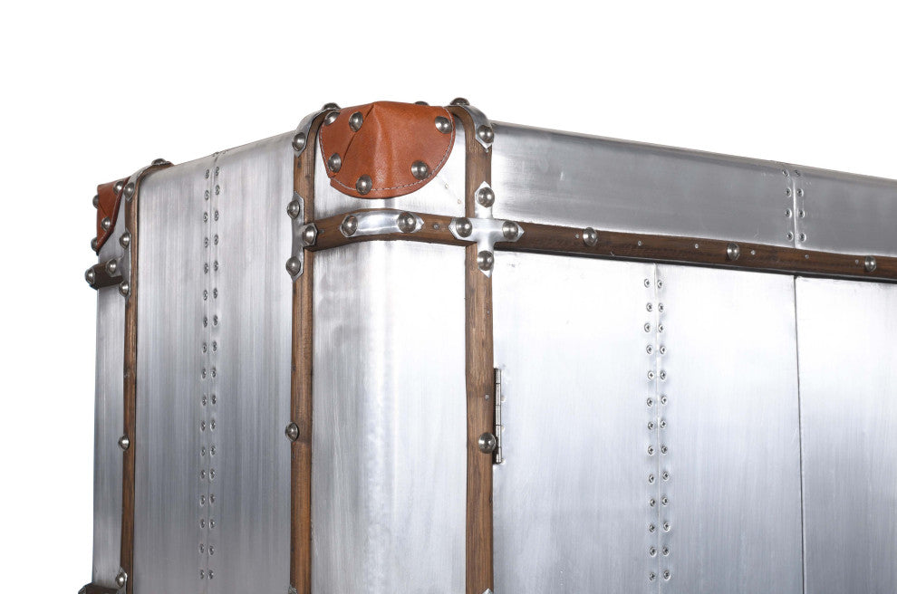 Pilot Tall Cabinet in Silver Aluminum Cladding and Leather Accents