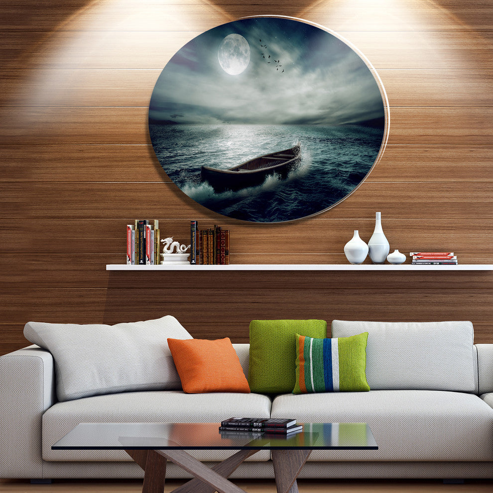 Boat Drifting Away After Storm, Seashore Round Metal Wall Art, 23"