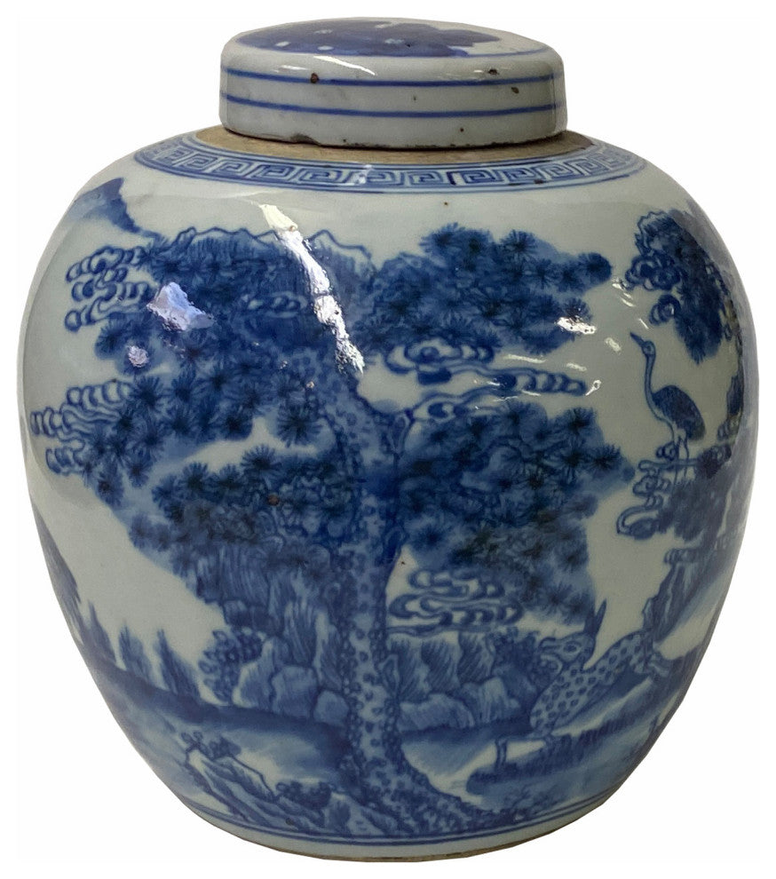 Hand-paint Longevity Crane Graphic Blue White Porcelain Ginger Jar Hws1749