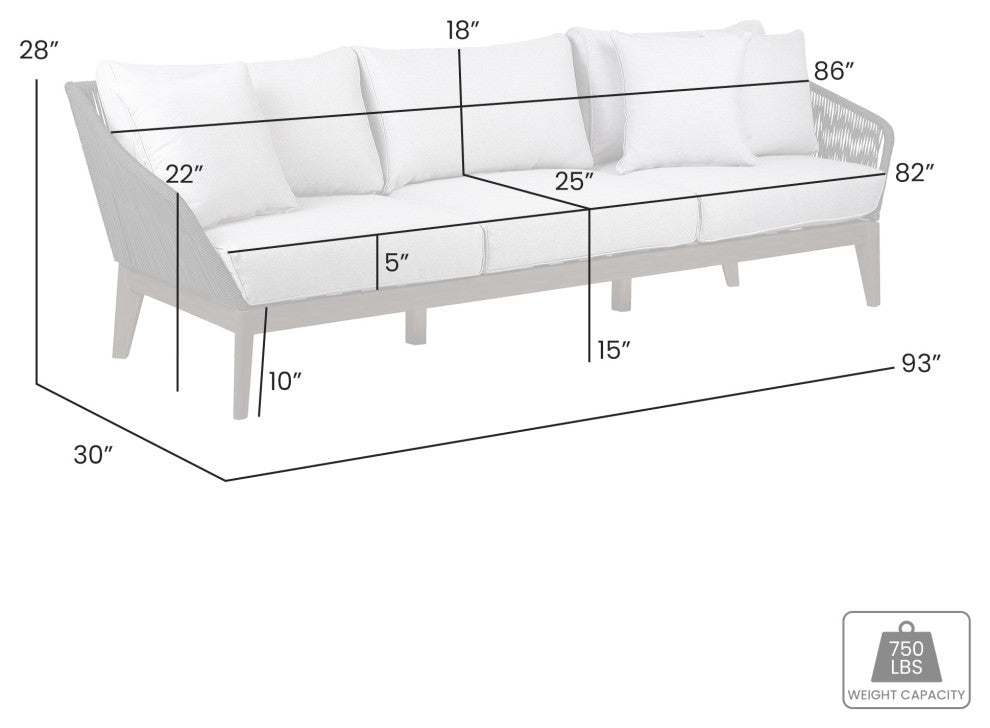 Athos Outdoor 3 Seater Sofa With Latte Rope and Gray Cushions, Dark Eucalyptus