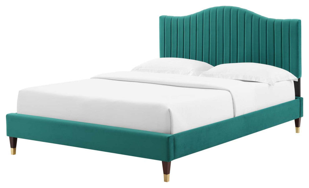 Tufted Platform Bed Frame, Full Size, Velvet, Teal Blue, Modern Contemporary