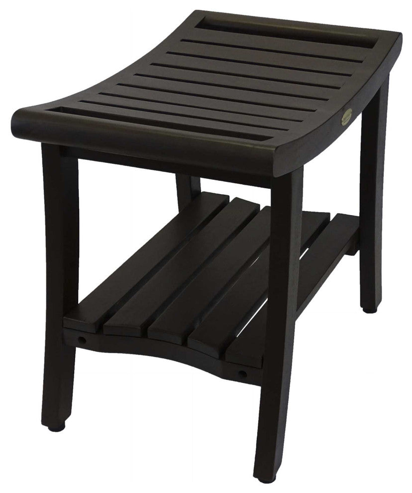 HomeRoots Contemporary Teak Shower Bench With Shelf and Handles, Brown Finish
