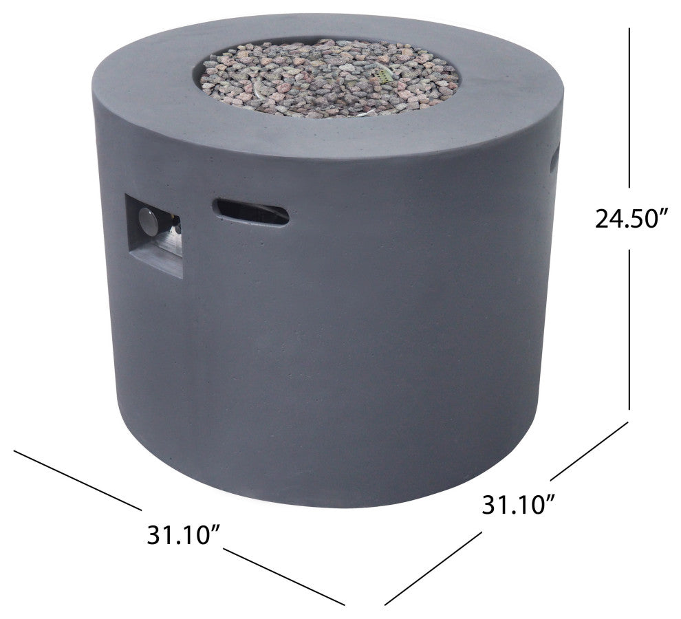 GDF Studio Leo Outdoor 31" Round Light Weight Concrete Gas Burning Fire Pit, Dark Gray