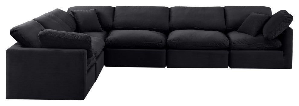 Indulge Upholstered Modular L-Shaped Sectional, Black, 6-Piece: 3 Armless Chair, 3 Corner Chair, Down Stuffed Velvet