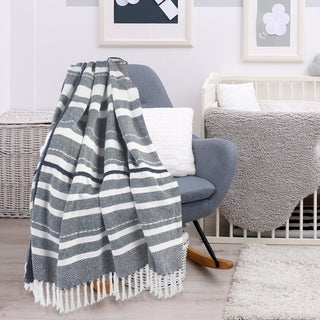 Horizontal Striped and Textured Throw Blanket with Fringe
