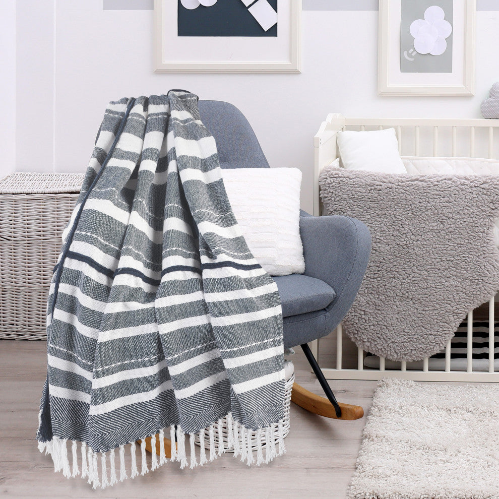 Horizontal Striped and Textured Throw Blanket with Fringe